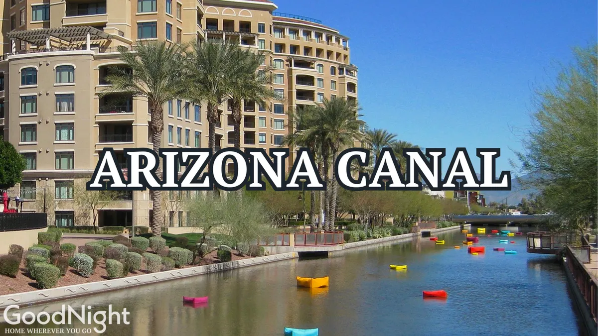 A vibrant outdoor canal scene featuring palm trees, colorful boats on the water, luxury condos in the background, and a broad walking path. The area invites strolls, outdoor gatherings, and community events along the Arizona Canal.