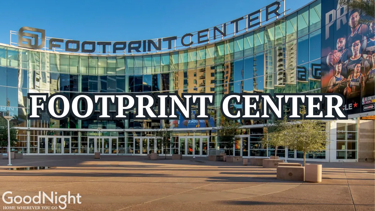 The modern façade of Footprint Center with its prominent signage, large glass panels, and promotional banners, bustling with activity as attendees arrive for an event.